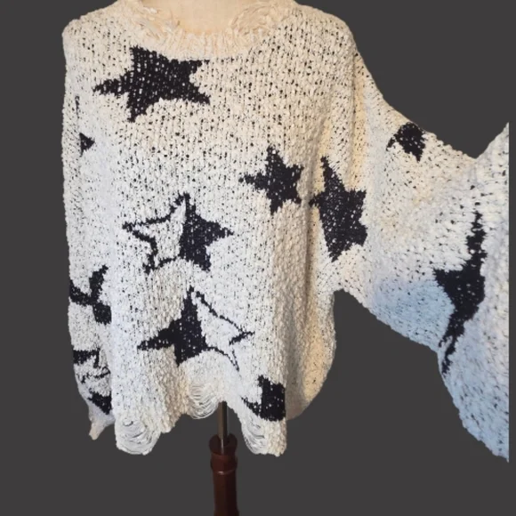 POL Cream Black Star Sweater L | Popcorn Knit Oversized Distressed Cozy Knit - Picture 3 of 8